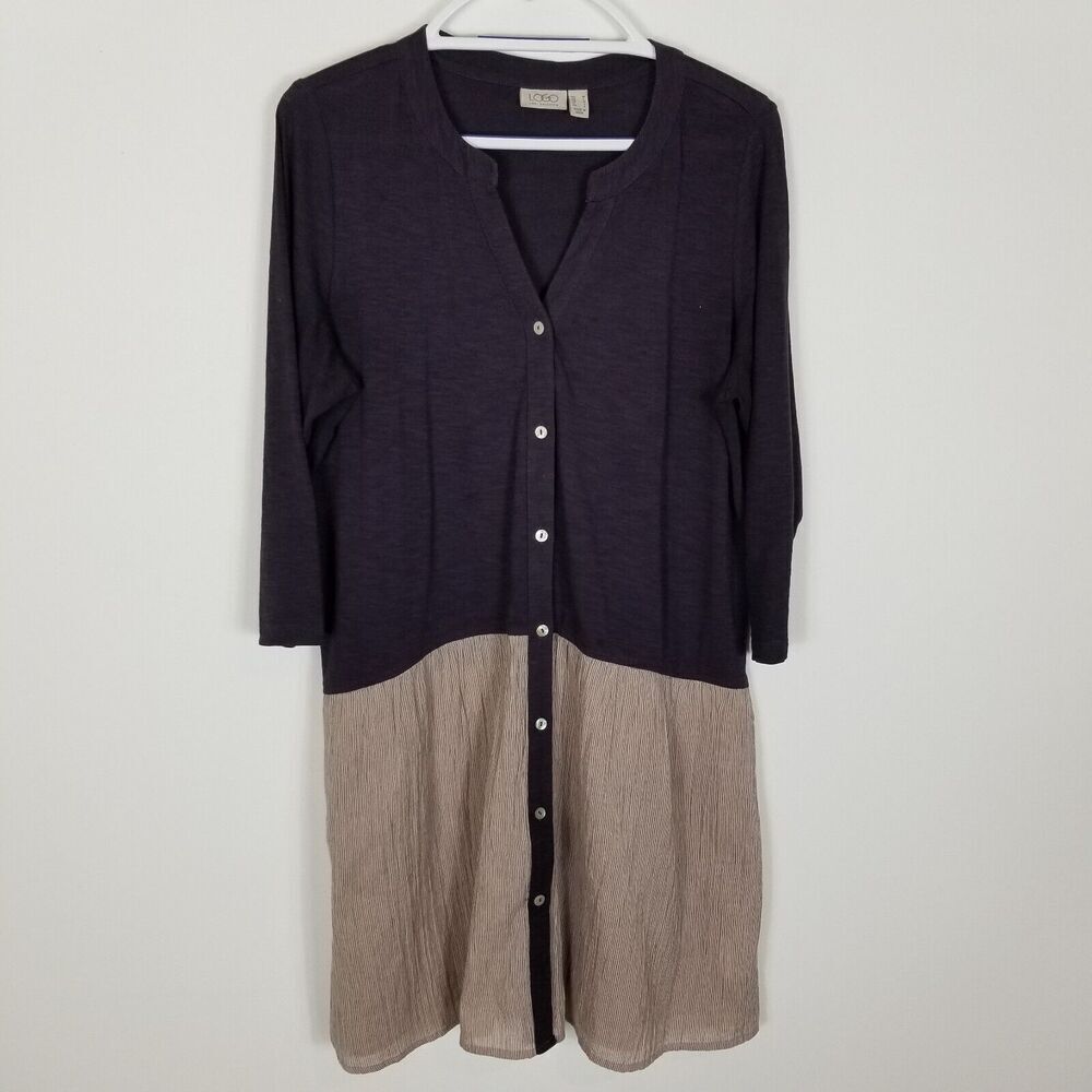 LOGO Lori Goldstein Size M Purple Drop Waist Button-Front Shirt Dress Pockets